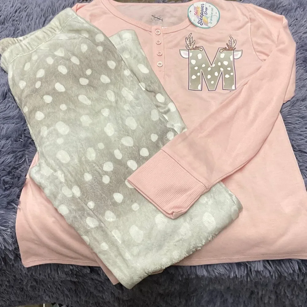 Justice 14/16 Letter M Pink and Gray Polka Dot Pajama Set - New